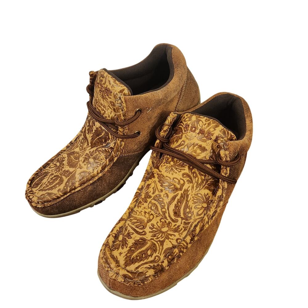 Roper Suzi Women's Driving Moc Loafers Size 7.5 Brown Suede Tooled Floral